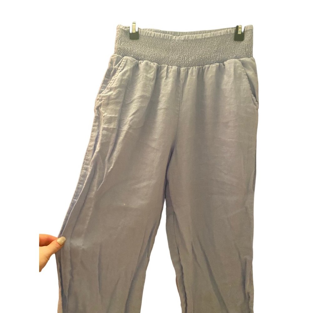 Crown & Ivy Women's Large LINEN Baby Blue Wide Leg Pants Smocked Elastic Waist